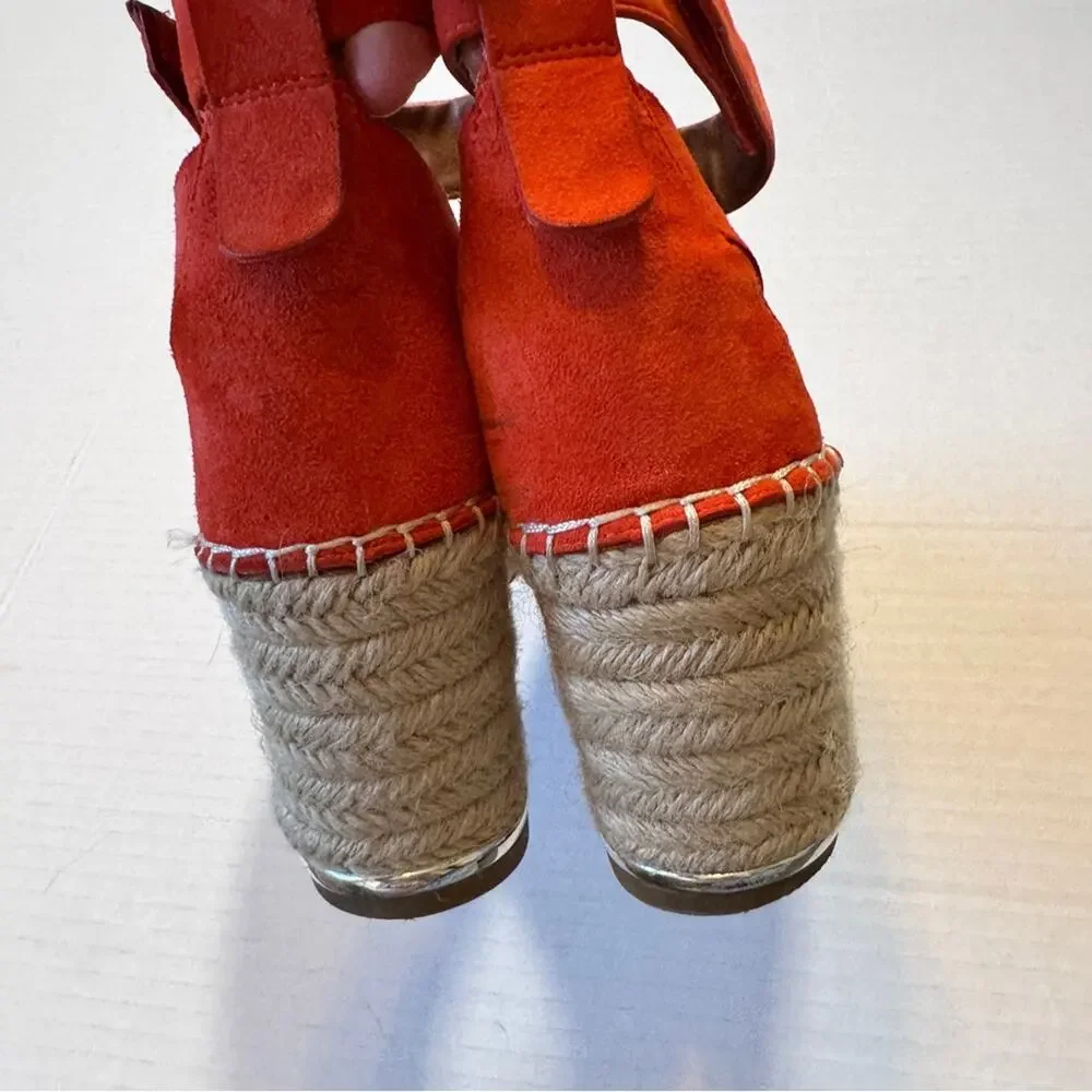 Franco Sarto Orange Leather Espadrille Wedge Sandals Womens 8.5 Platform Beachy